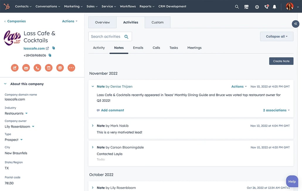 HubSpot lead management software interface showing timeline of activities