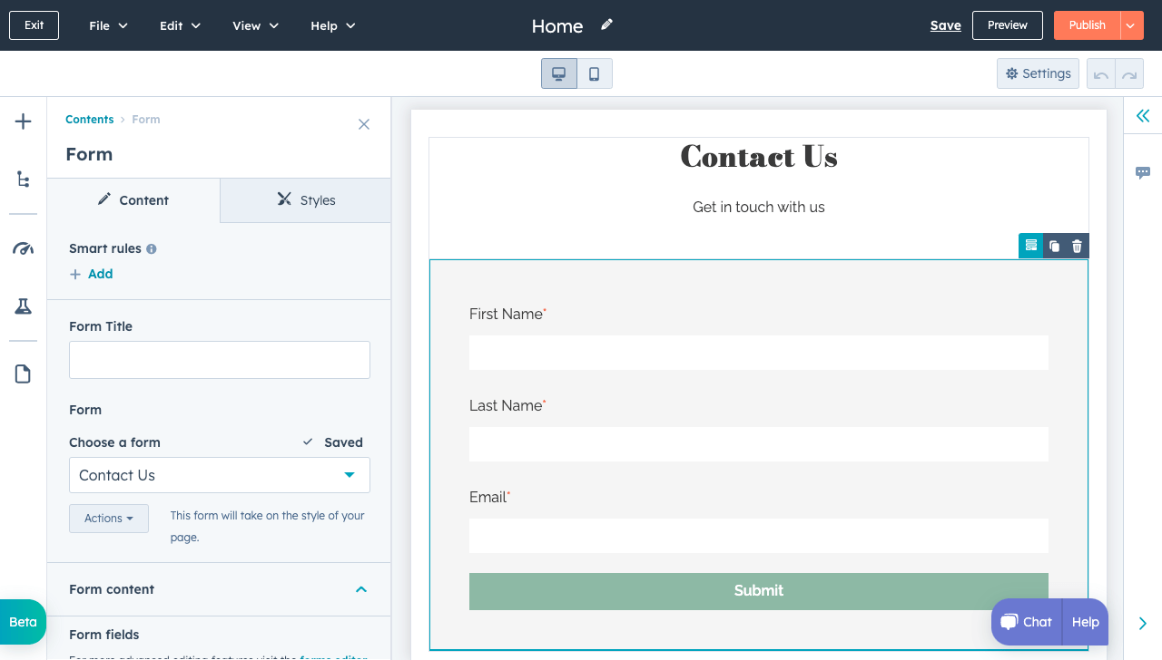 HubSpot AI website generator showing showing example website with a contact form.