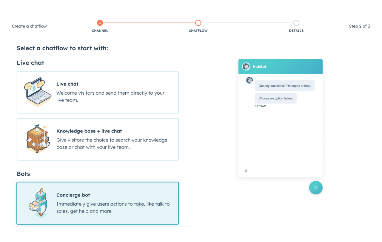 HubSpot chatflow builder showing options to add live chat and chatbots to your site