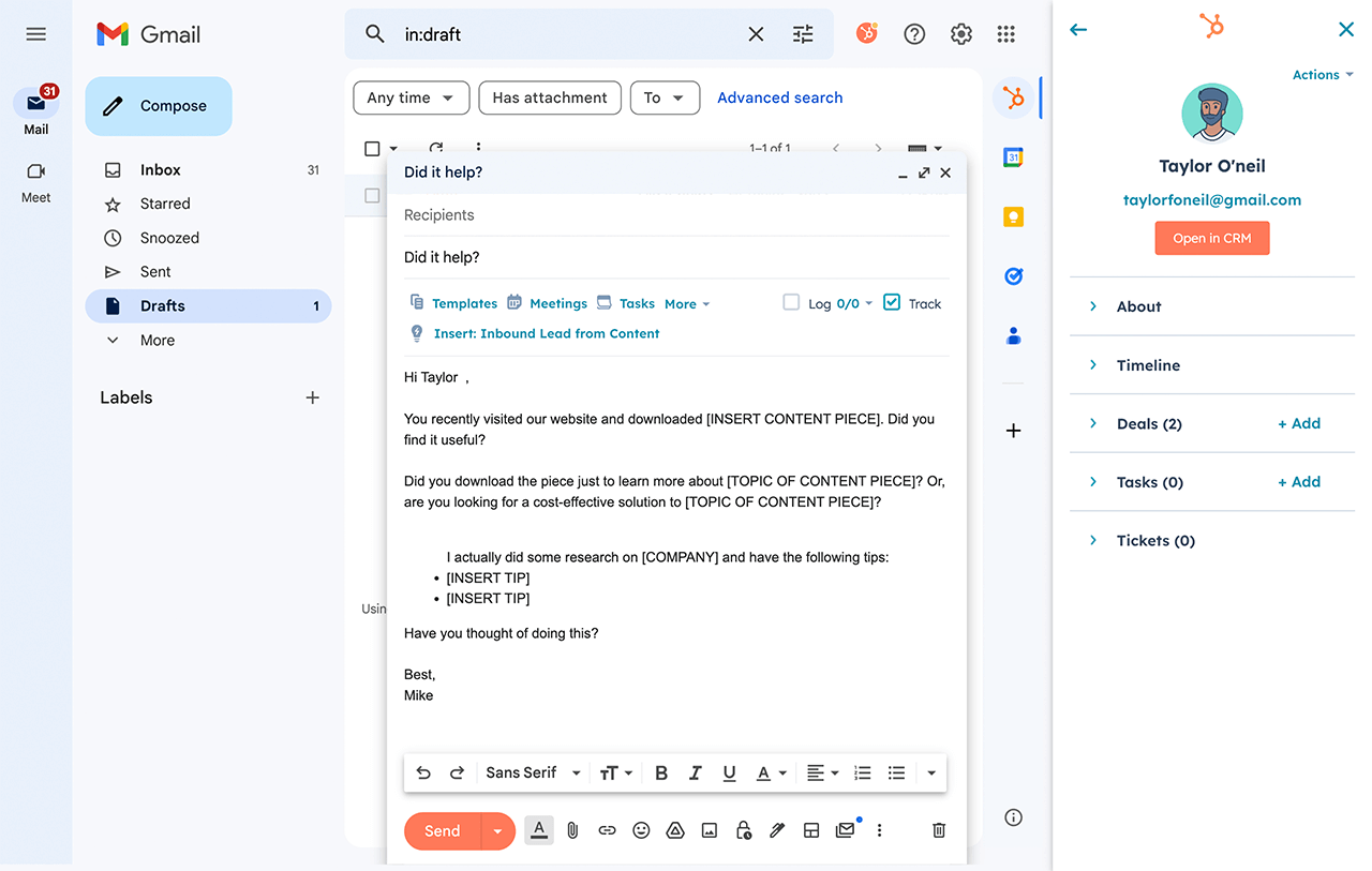 HubSpot email tracking plugin showing contact record alongside email draft