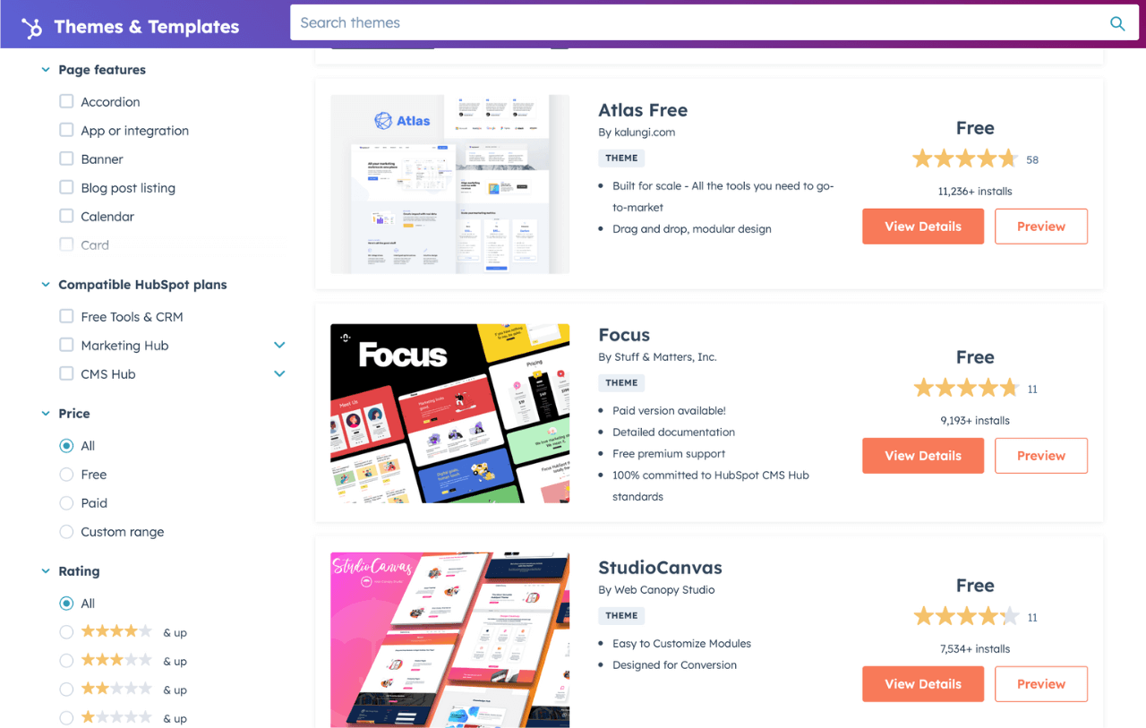 HubSpot theme and templates marketplace showing multiple free themes